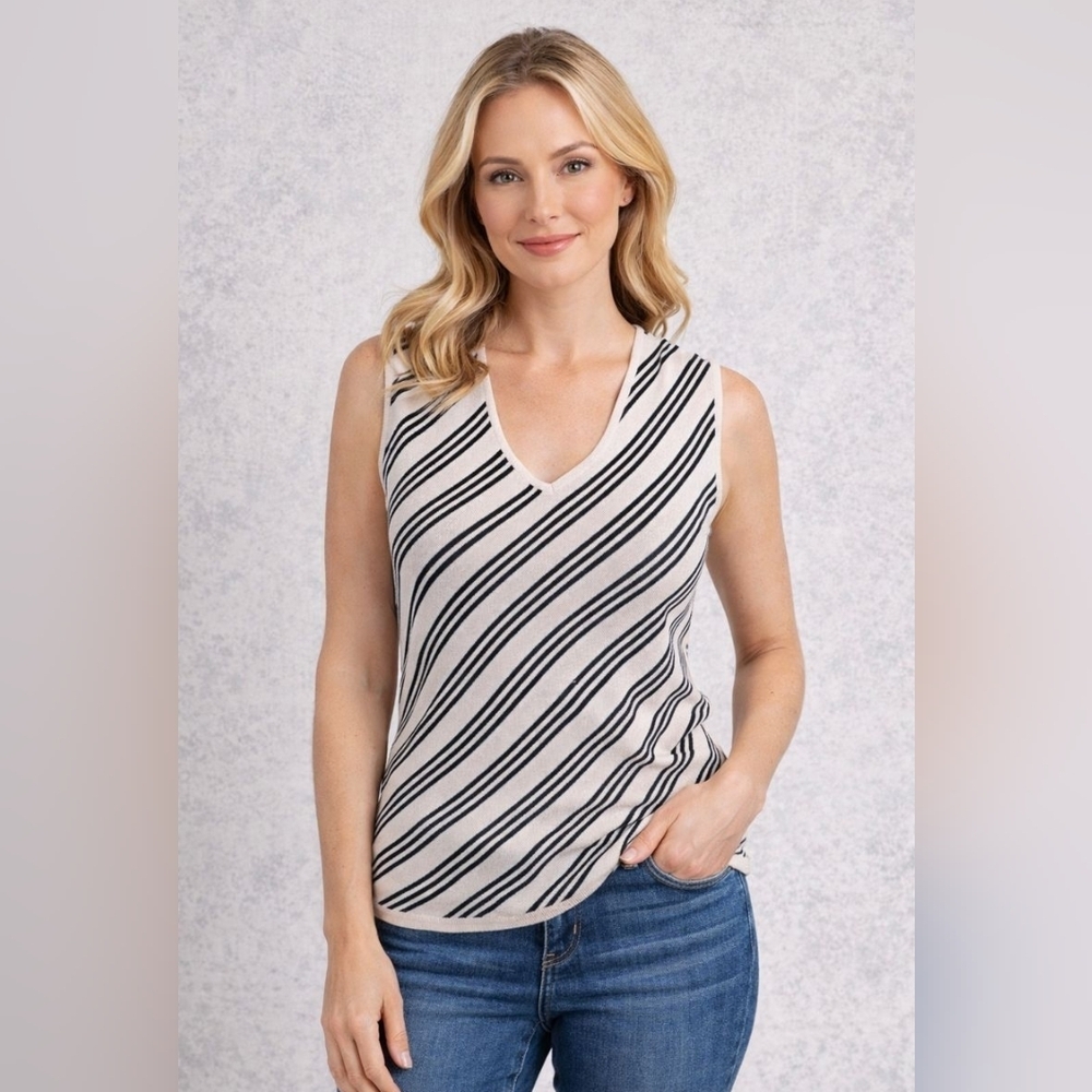 Vintage 90s Casual Corner Striped Knit Tank Top M V-Neck Minimalist Y2K